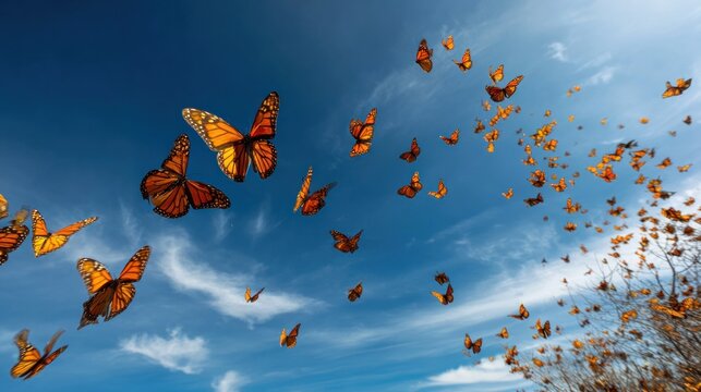 Monarch butterflies in flight against a vibrant blue sky