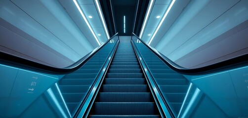 Sleek, futuristic escalator ascending in a bright, minimalist urban space, contemporary, upward