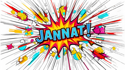 Comic book style illustration displaying the word jannat in a dynamic burst with color