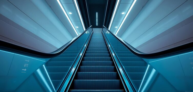 Sleek, futuristic escalator ascending in a bright, minimalist urban space, contemporary, upward - Powered by Adobe