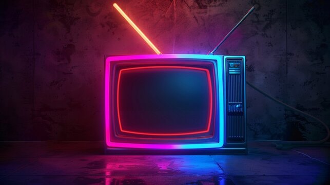 Retro wave, 80s. Old tv with antenna with neon light. Top view, minimalism