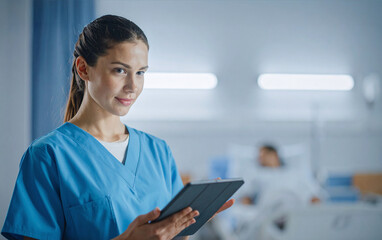 Doctor using tablet in hospital for patient care – nurse checking medical records with modern healthcare technology