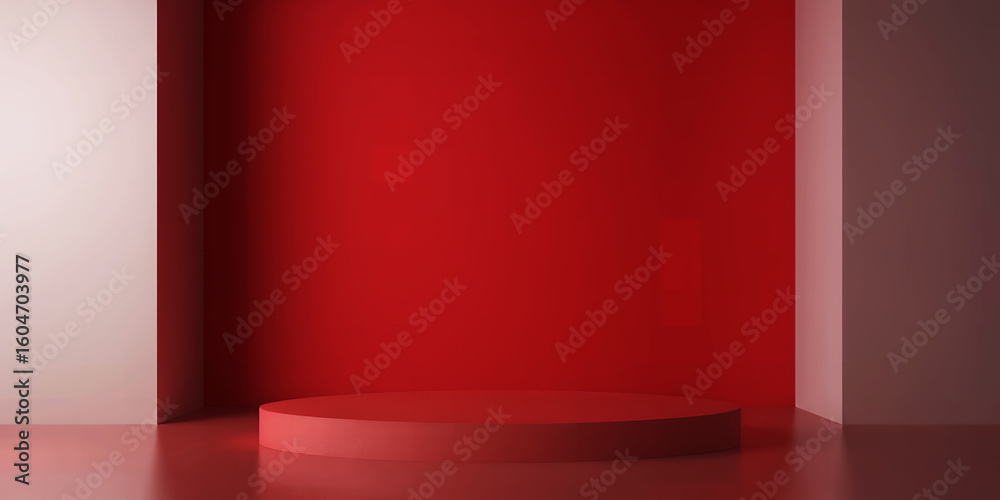Poster a minimalist studio setup featuring a red backdrop and a matching circular platform stage area