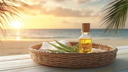 Obraz premium Serene Aloe Oil Bottle on Woven Tray with Beach Background