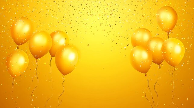 Colorful festive birthday scene with vibrant yellow background, floating balloons, and scattered confetti for joyful party atmosphere and cheerful celebration themes




