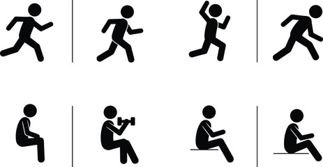 Naklejka premium Fitness icons, running, sittilth, activity, pictogram, posture, vector, black silhouette, active lifestyle, squat, weightlifting, motion, body movement, stretching, strength, physical, set