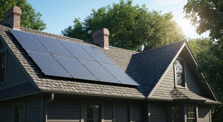 Fototapeta premium Sustainable energy panels affixed to oldfashioned shingled roof.