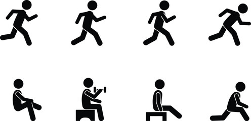 Fitness icon set, running, sitting, exercise, workout, stick thlete, silhouette, active, lifting, stretching, motion, activity, graphic, sports, action, energy, cartoon, black, symbol, icon