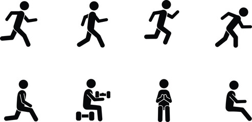 Fitness workout icons, running, exercise, gym training, healthy lifestyle, stick figures, sports activity, lifting weights, stretching, squats, yoga poses, fitness symbols.