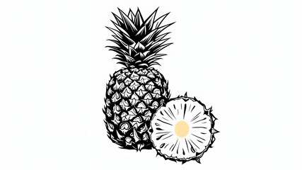 Black and white pineapple illustration whole fruit and sliced half on white background