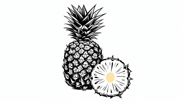 Black and white pineapple illustration whole fruit and sliced half on white background - Powered by Adobe