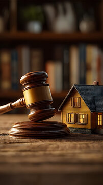 Gavel en bois et maison miniature illustrant le concept de la justice immobili&egrave;re