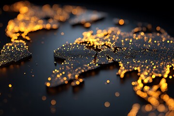 Stunning digital world map glowing with vibrant golden lights creating a futuristic global network connection