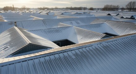 Drone view of metal rooftops covered in snow during winter.