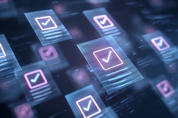 Digital checklist glowing with neon checkmarks, confirming tasks completed in a futuristic data interface