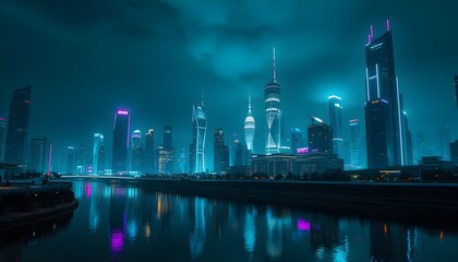 A futuristic cityscape glows with neon lights, reflecting in calm water under a dark, moody sky.
