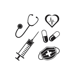 Medical icons set vector illustration with health symbols including heart pill doctor stethoscope hospital design buttons and signs for web use