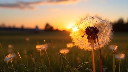 Dandelion clock illuminated by a warm sunset