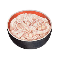 Watercolor illustration of a bowl of udon noodles