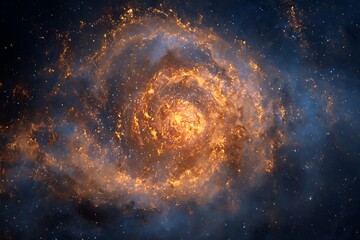 Vibrant cosmic nebula ablaze with golden starlight, a swirling celestial spectacle of deep space wonder
