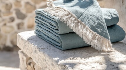 Soft Blue Throw Blankets with Fringes on Textured Stone Surface