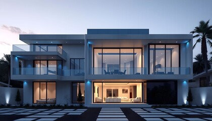Modern, luxurious home with large windows illuminated from within, showcasing contemporary architecture at dusk.