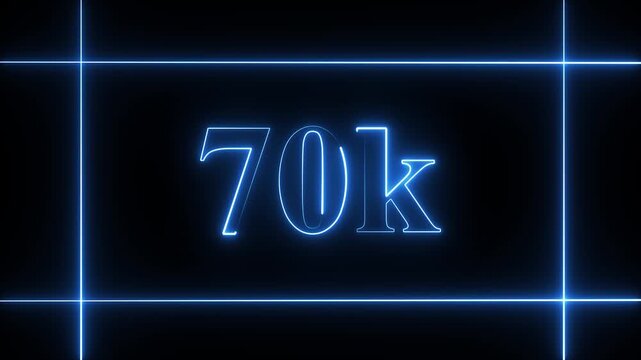 70k text Neon line glowing  frame on black background. Glowing blue neon frame background animation rectangle shape.