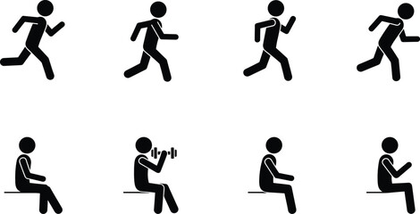 Naklejka premium Running, walking, sitting, fitness, gym, exercise, stick figure workout, active lifestyle icons, training, dumbbell lift, cardio, health, motion, strength, healthy living, ico