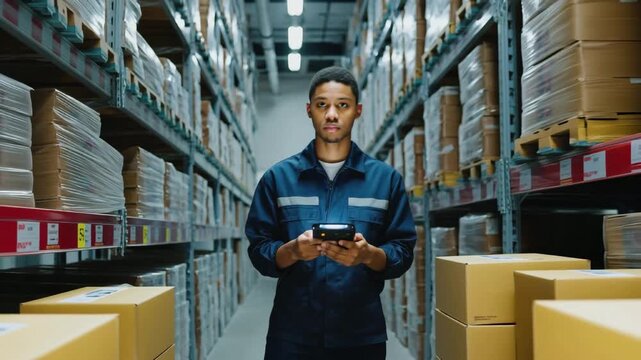 Young African man in a blue work uniform stands in a warehouse aisle, holding a handheld device. Shelves are filled with stacked boxes. - Powered by Adobe