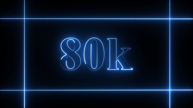 80k Text Neon line glowing rectangle frame on black background. Glowing blue neon frame background animation rectangle shape. 80K Straight line