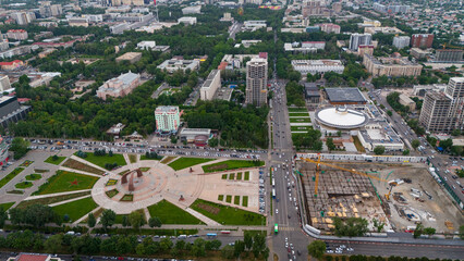 Aerial view cityscape of Victory Square in the city of Bishkek, the capital of Kyrgyzsta