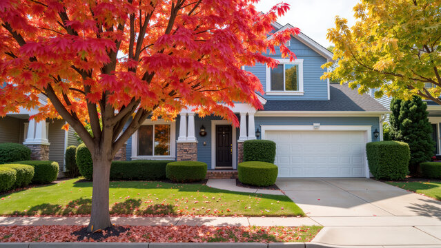 Beautiful suburban home with vibrant autumn foliage, featuring large red maple tree and well manicured lawns. house has welcoming entrance
