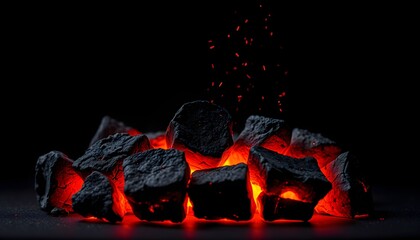 Burning charcoal briquettes, glowing embers and sparks in a dark studio setting.