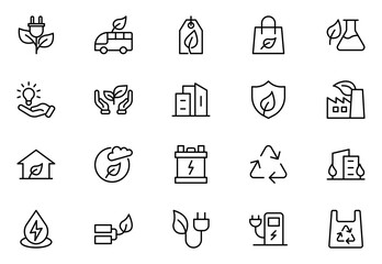 Green Tech line icons for sustainability, solar, wind, clean power, green tech, net-zero, and eco solutions