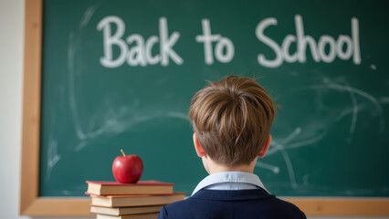 Back to school season brings excitement and anticipation for learning. young student stands front of chalkboard, ready to embrace new challenges