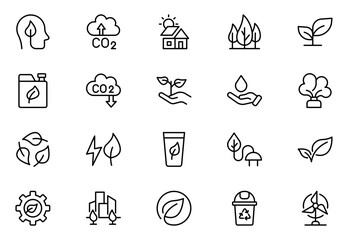 Green Tech line icons for sustainability, solar, wind, clean power, green tech, net-zero, and eco solutions