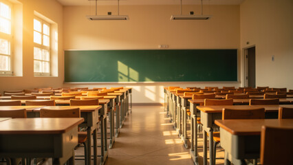 Bright classroom with wooden desks and chairs arranged in rows, sunlight streaming through large windows, creating warm atmosphere
