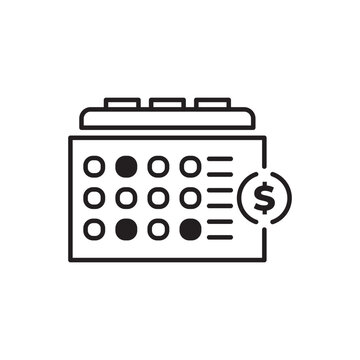 Outline icon of a calendar with a dollar sign, representing a layaway plan or scheduled payments. Ideal for retail finance, installment billing, budgeting apps, and ecommerce checkout solutions.