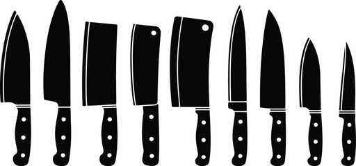 Collection of sharp kitchen knives in silhouette against white background