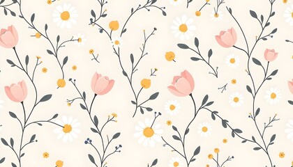 a seamless pattern with delicate flowers, leaves, and branches in muted colors, digital art, botanical illustration, minimalist, elegant, sophisticated