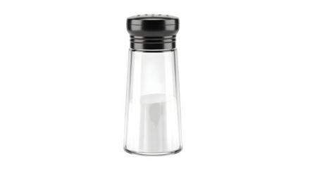 A clear salt shaker with a black lid on a black background    .ai generative, transparent background, white background. isolated on white background
