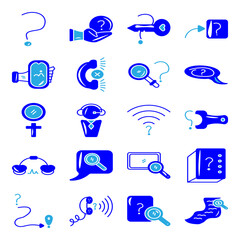 blue set of help icons including question mark, support agent, information book, and live chat symbols. Designed in both solid and line style to enhance user interfaces, FAQs, and customer support pag
