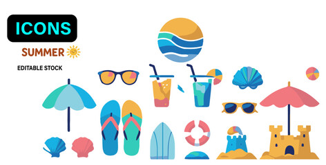 Happy Summer – Flat Kawaii Beach Icons Set
