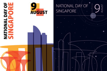 Singapore National Day poster pack. Vector illustrations with Singaporean skyline and landmarks shape for holiday card, print, event, brochure. Modern template