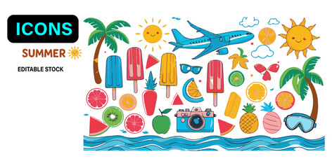 Happy Summer – Flat Kawaii Beach Icons Set
