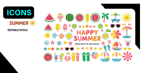 Happy Summer – Flat Kawaii Beach Icons Set