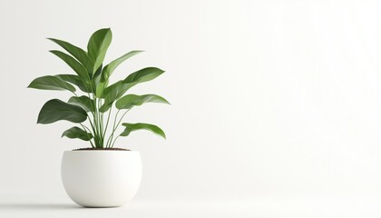 White Flowerpot Home Plant Standing On White Surface In Bright Room, Minimalistic And Elegant Decor For Indoor Living Spaces.