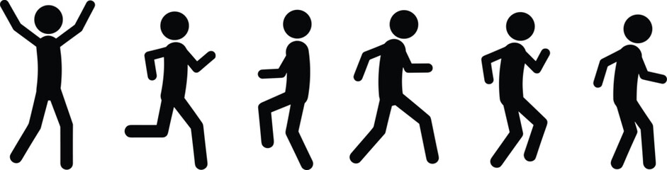 Stick figure running sequence, running animation frames, jogging character silhouettes, workout motion, fitness movement icons, athletic action, exercise concept, sports illustration set, black vector