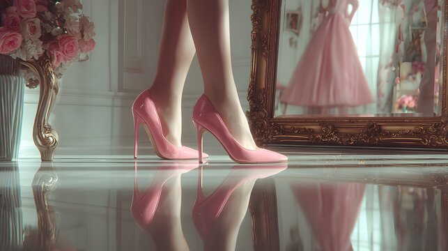 Pink high heels on a polished floor in a stylish interior. - Powered by Adobe