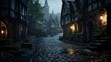 A mystical medieval town at night with cobblestone streets and glowing lanterns.
